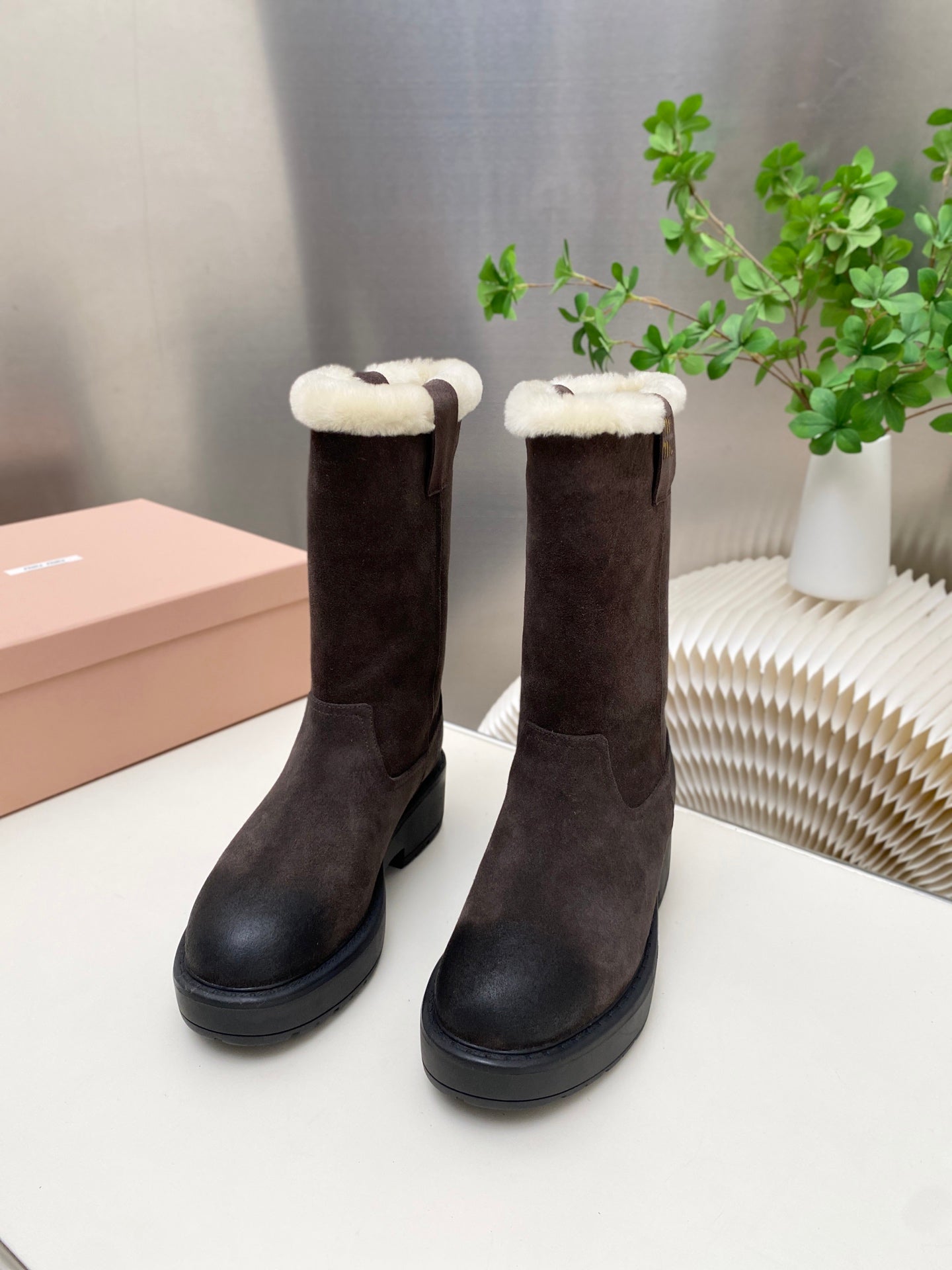 MIUMIU 26S MID CALF BOOT IN DARK BROWN  SUEDE AND SHEARLING