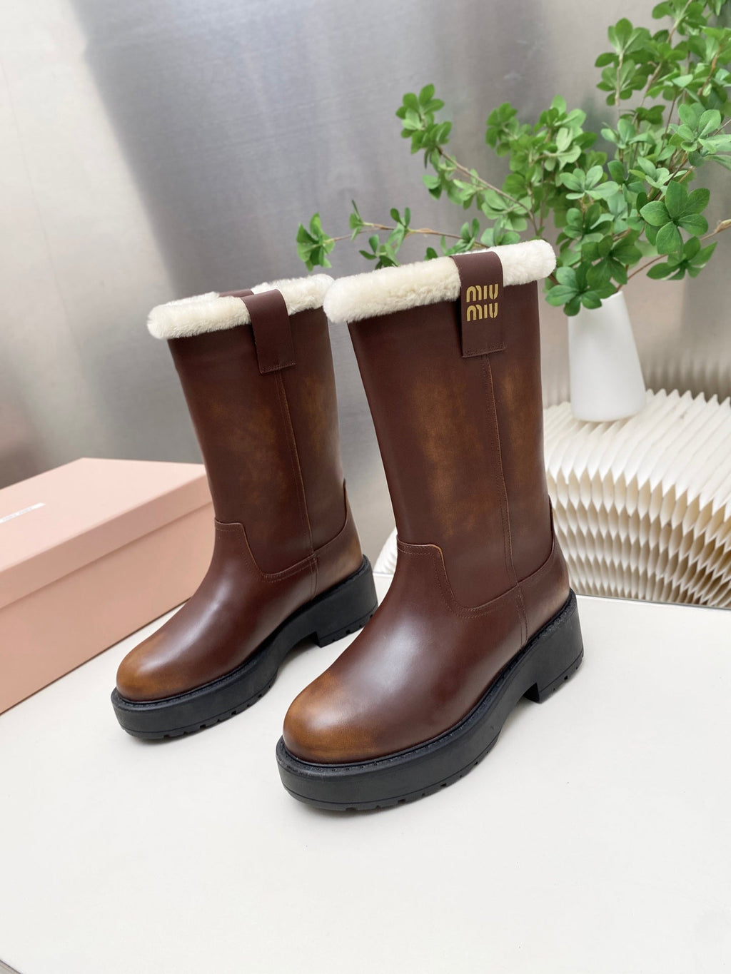 MIUMIU 26S MID CALF BOOT IN DARK BROWN CALFSKIN