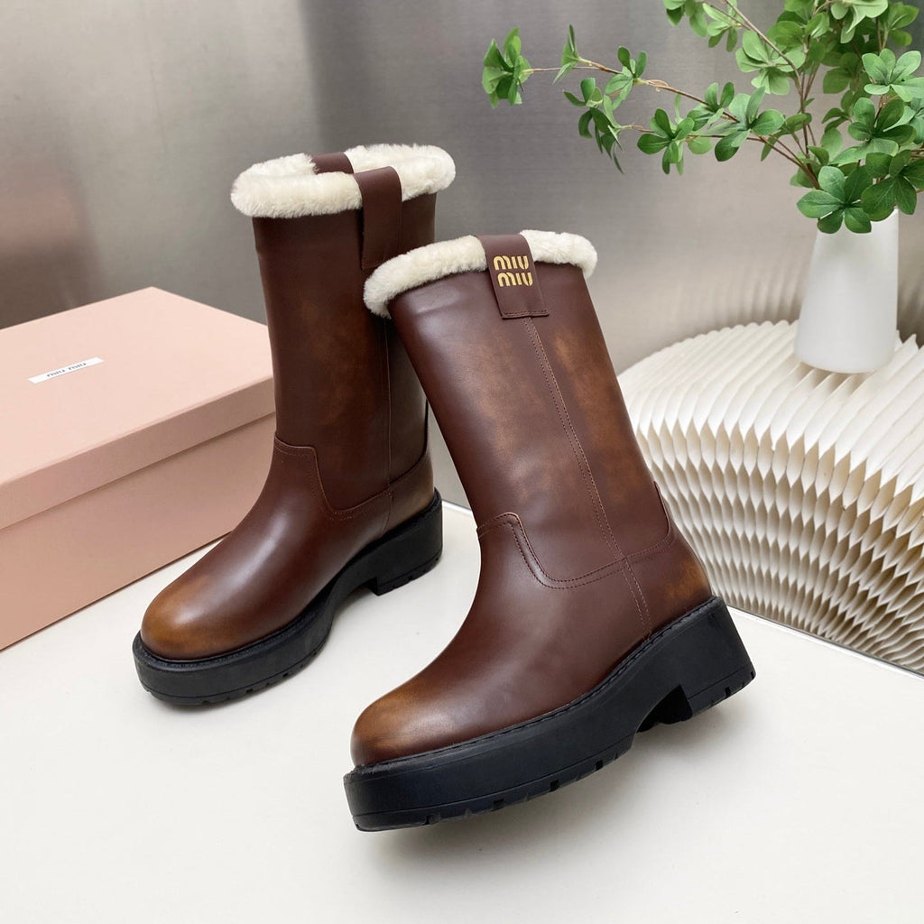MIUMIU 26S MID CALF BOOT IN DARK BROWN CALFSKIN