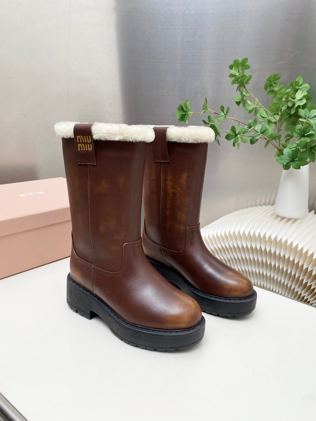 MIUMIU 26S MID CALF BOOT IN DARK BROWN CALFSKIN