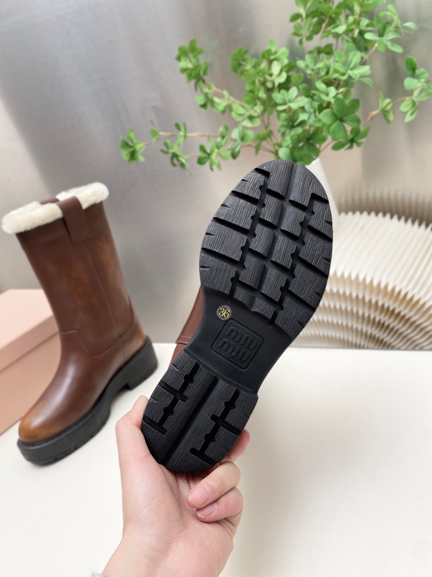 MIUMIU 26S MID CALF BOOT IN DARK BROWN CALFSKIN