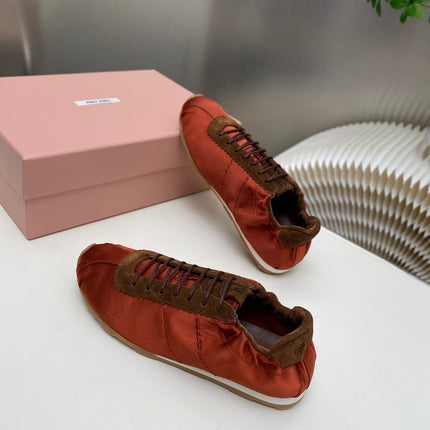 MIUMIU 26S SNEAKERS IN RUST RED PLUME SATIN
