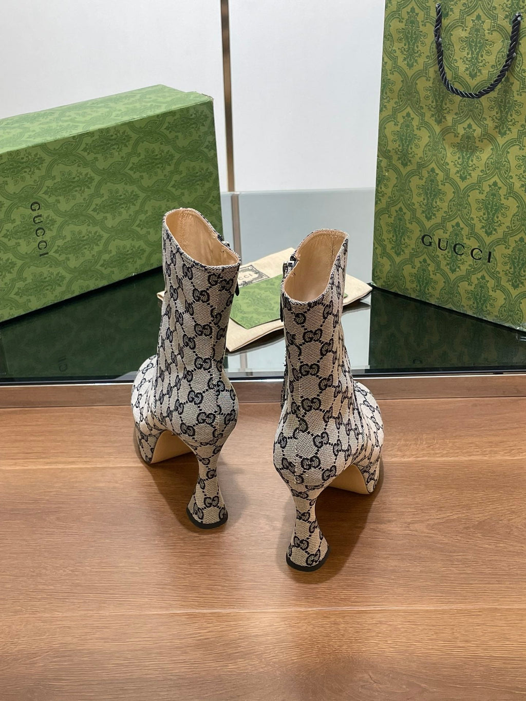GG SHORT BOOTS 11.5 CM IN BLACK MIX BEIGE MONOGRAM JACQUARD FABRIC