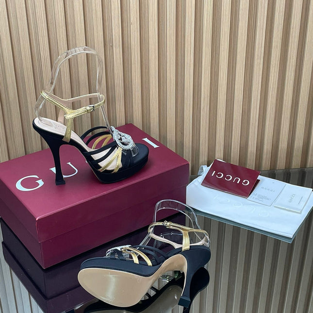 GUCCI 26S HIGH-HEELED SANDALS 125 MM IN BLACK SATIN AND GOLD CALFSKIN