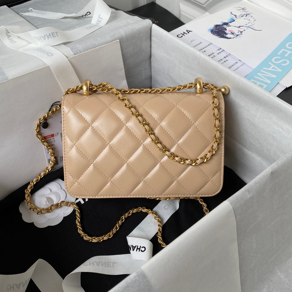 CC MINI 19 FLAP BAG IN DARK BEIGE CALFSKIN GOLD HARDWARE