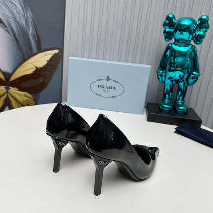PRADA 26S POINTED TOE PUMPS STILETTO HEEL 80MM IN BLACK SHINE CALFSKIN