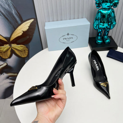 PRADA 26S POINTED TOE PUMPS STILETTO HEEL 80MM IN BLACK SHINE CALFSKIN