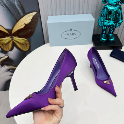 PRADA 26S POINTED TOE PUMPS STILETTO HEEL 80MM IN DEEP PURPLE SATIN