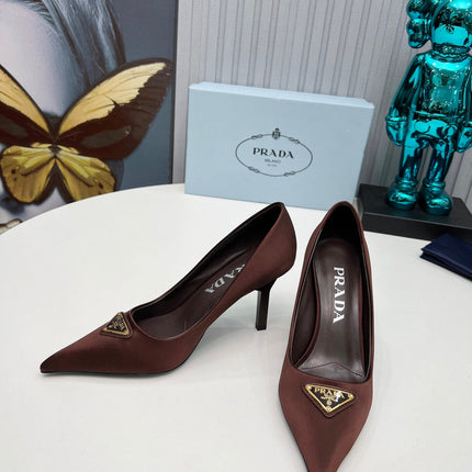 PRADA 26S POINTED TOE PUMPS STILETTO HEEL 80MM IN DARK BROWN SATIN