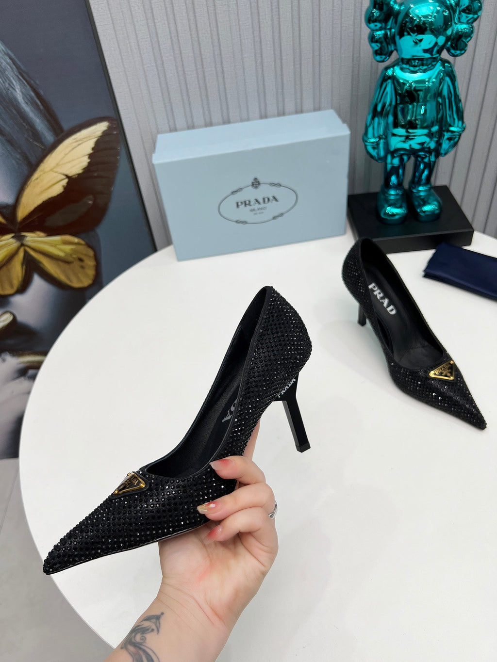 PRADA 26S POINTED TOE PUMPS STILETTO HEEL 80MM IN BLACK CRYSTAL EMBELLISHED