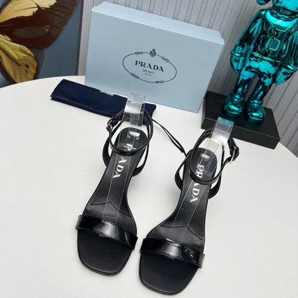 PRADA 26S ANKLE STRAP SANDALS STILETTO HEEL 80MM IN BLACK SHINE CALFSKIN