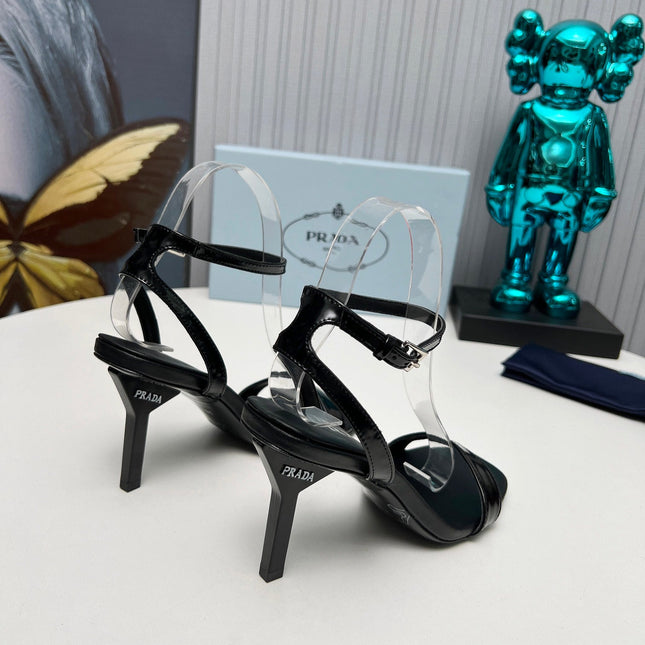 PRADA 26S ANKLE STRAP SANDALS STILETTO HEEL 80MM IN BLACK SHINE CALFSKIN