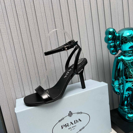PRADA 26S ANKLE STRAP SANDALS STILETTO HEEL 80MM IN BLACK SHINE CALFSKIN