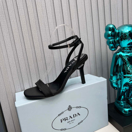 PRADA 26S ANKLE STRAP SANDALS STILETTO HEEL 80MM IN BLACK SATIN