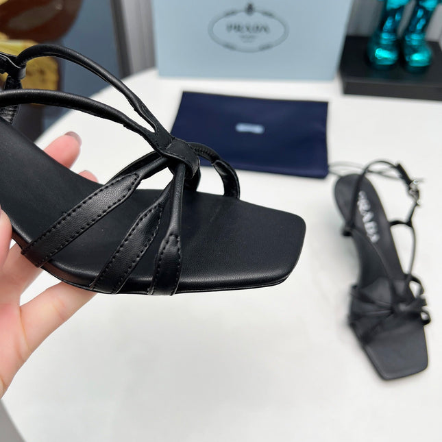 PRADA 26S STRAPPY SANDALS STILETTO HEEL 60MM IN BLACK CALFSKIN