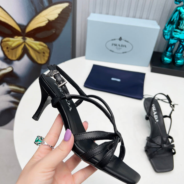 PRADA 26S STRAPPY SANDALS STILETTO HEEL 60MM IN BLACK CALFSKIN