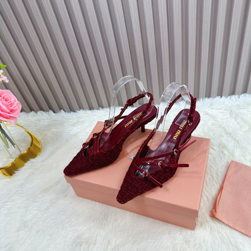 CROSS STRAP HIGH HEELED SLINGBACK IN CURRANT RED TWEED