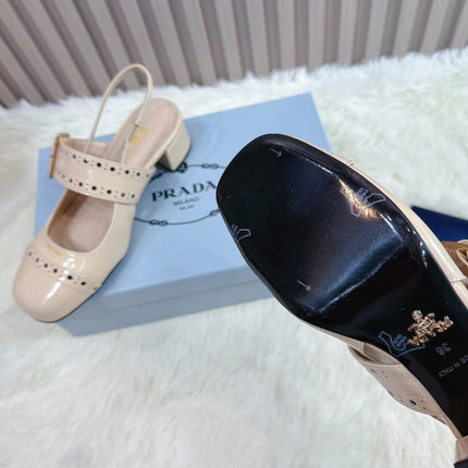 PRADA 26S SQUARE TOE STUDDED SLINGBACK BLOCK HEEL 40MM IN BEIGE PATENT CALFSKIN
