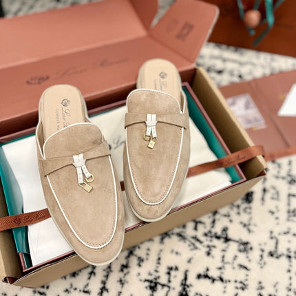 Loro Piana Beige White Suede Charms Walk Flat Mules
