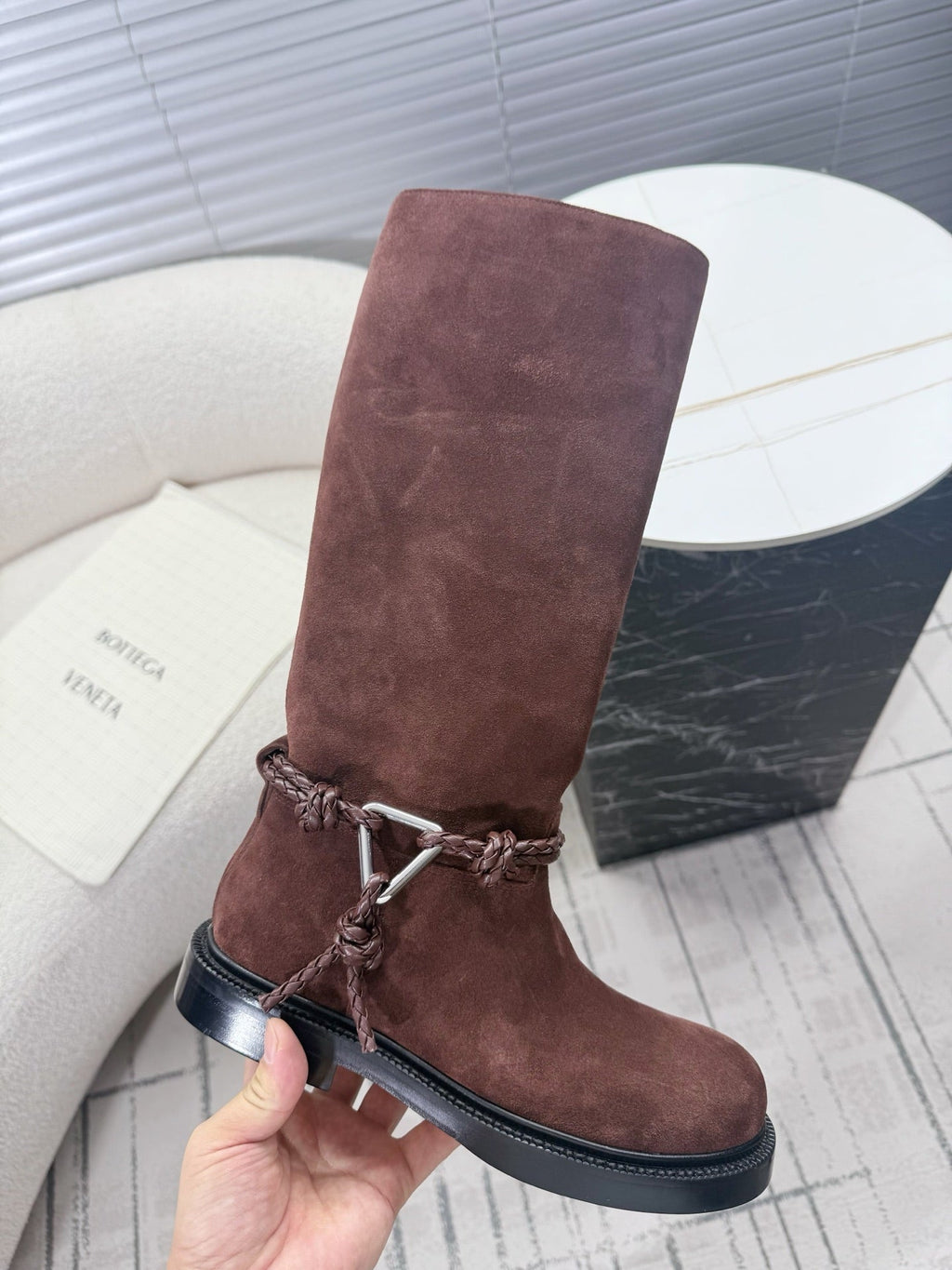 BOTTEGA VENETA 26S TALL BOOTS IN BROWN SUEDE WITH ROPE DETAIL