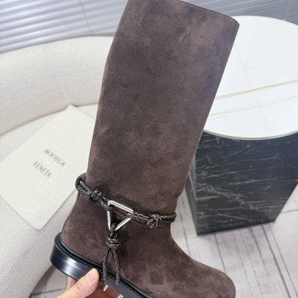BOTTEGA VENETA 26S TALL BOOTS IN DARK BROWN SUEDE WITH ROPE DETAIL
