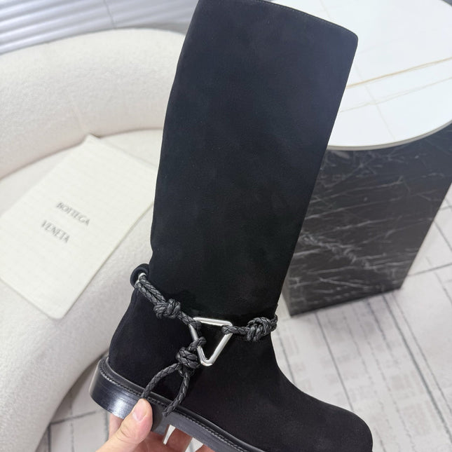 BOTTEGA VENETA 26S TALL BOOTS IN BLACK SUEDE WITH ROPE DETAIL