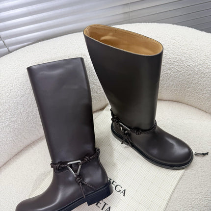 BOTTEGA VENETA 26S TALL BOOTS IN DARK BROWN CALFSKIN WITH ROPE DETAIL