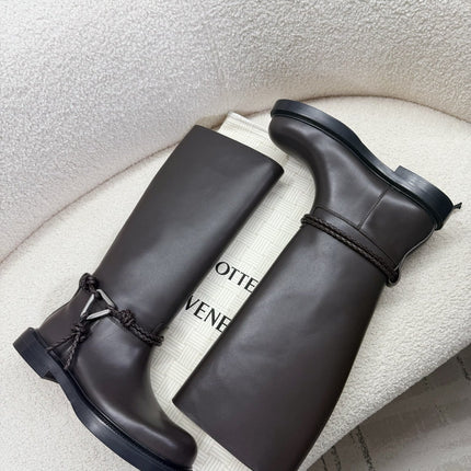 BOTTEGA VENETA 26S TALL BOOTS IN DARK BROWN CALFSKIN WITH ROPE DETAIL