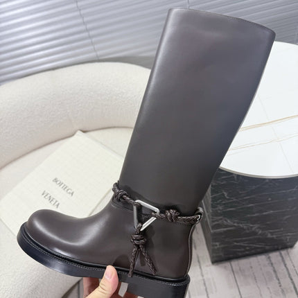 BOTTEGA VENETA 26S TALL BOOTS IN DARK BROWN CALFSKIN WITH ROPE DETAIL