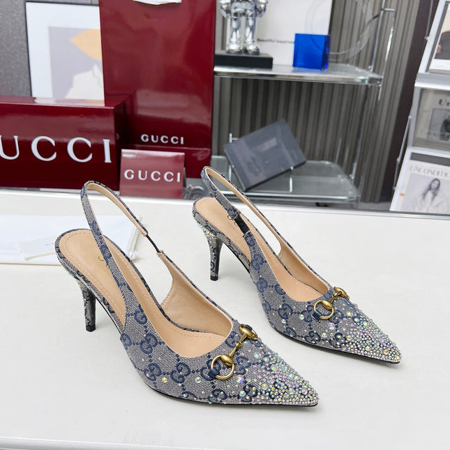 HORSEBIT SLINGBACKS IN DOVE GRAY MONOGRAM FABRIC WITH CRYSTALS