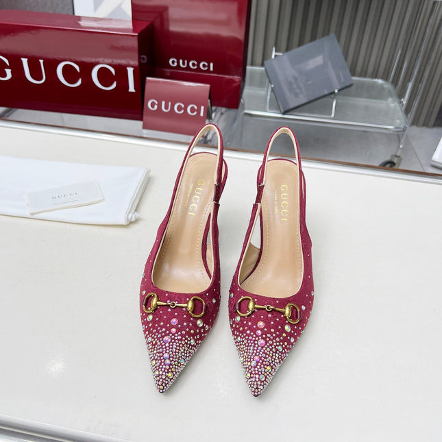 HORSEBIT SLINGBACKS IN CHERRY RED MONOGRAM FABRIC WITH CRYSTALS