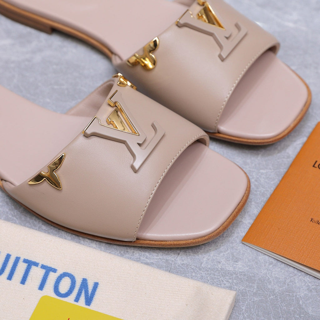 LV 26S FLAT SLIDE SANDALS IN NUDE PINK CALFSKIN GOLD HARDWARE