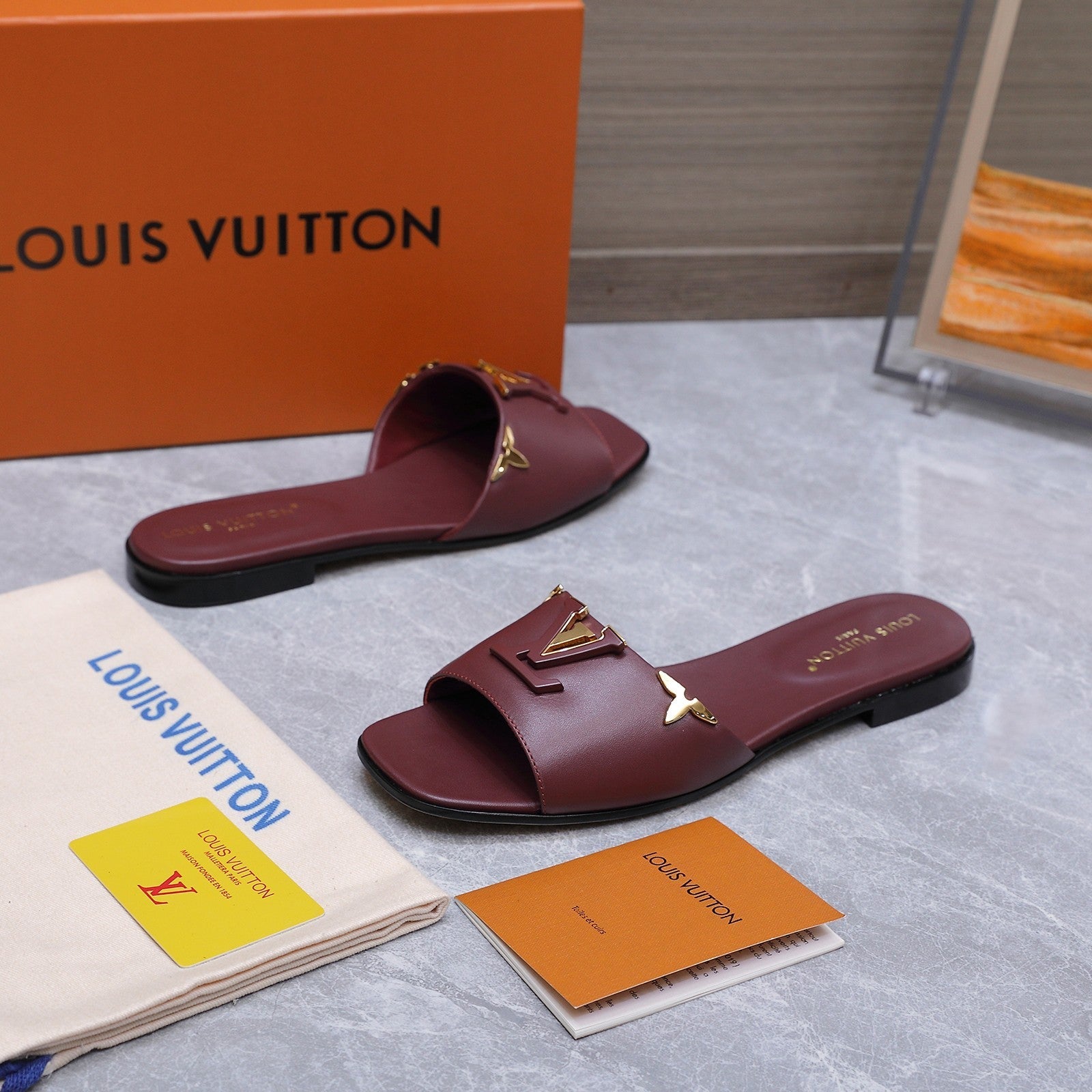 LV 26S FLAT SLIDE SANDALS IN WINE RED CALFSKIN GOLD HARDWARE