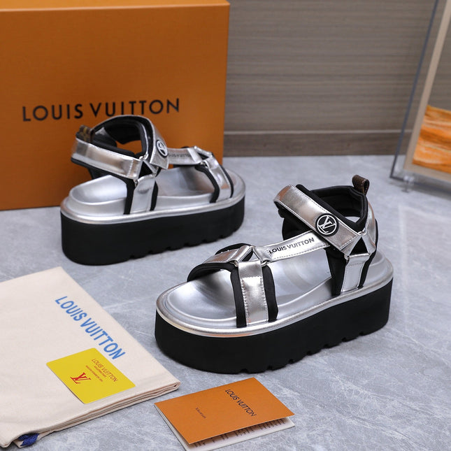 LV 26S CHAMELEON PLATFORM SANDALS 60MM IN SILVER CALFSKIN AND EVA