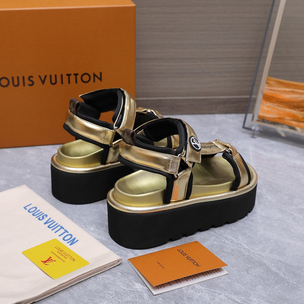 LV 26S CHAMELEON PLATFORM SANDALS 60MM IN GOLD CALFSKIN AND EVA