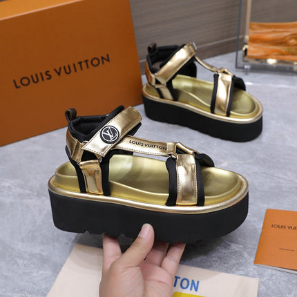 LV 26S CHAMELEON PLATFORM SANDALS 60MM IN GOLD CALFSKIN AND EVA