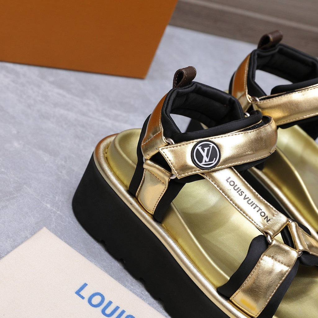 LV 26S CHAMELEON PLATFORM SANDALS 60MM IN GOLD CALFSKIN AND EVA