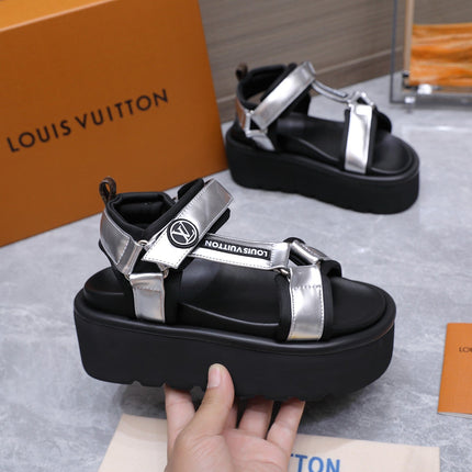 LV 26S CHAMELEON PLATFORM SANDALS 60MM IN SILVER AND BLACK CALFSKIN AND EVA