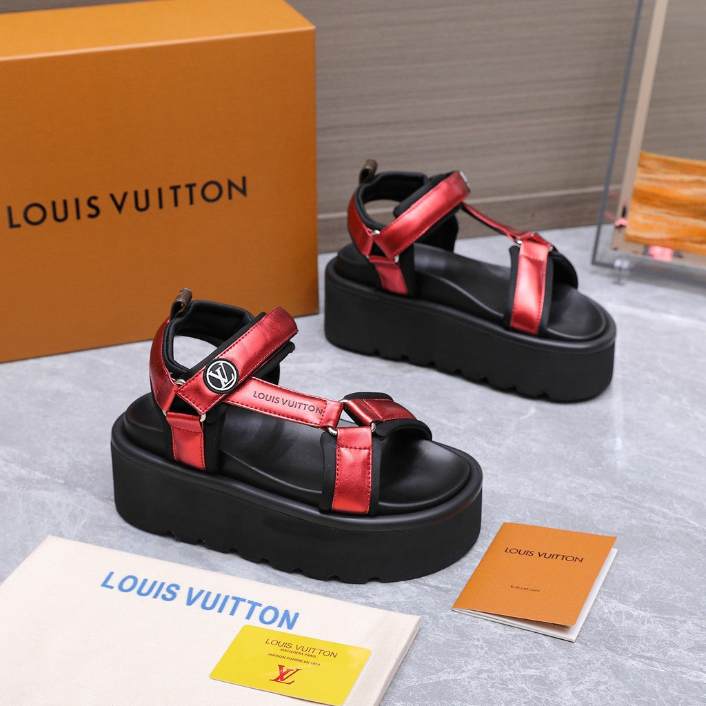 LV 26S CHAMELEON PLATFORM SANDALS 60MM IN DARK RED CALFSKIN AND EVA