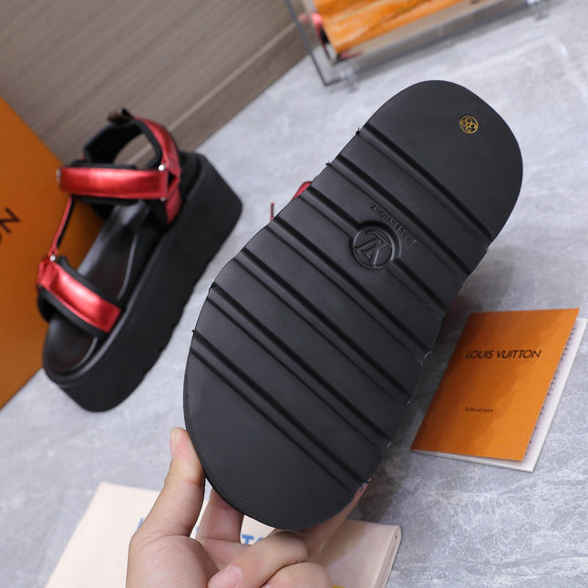LV 26S CHAMELEON PLATFORM SANDALS 60MM IN DARK RED CALFSKIN AND EVA