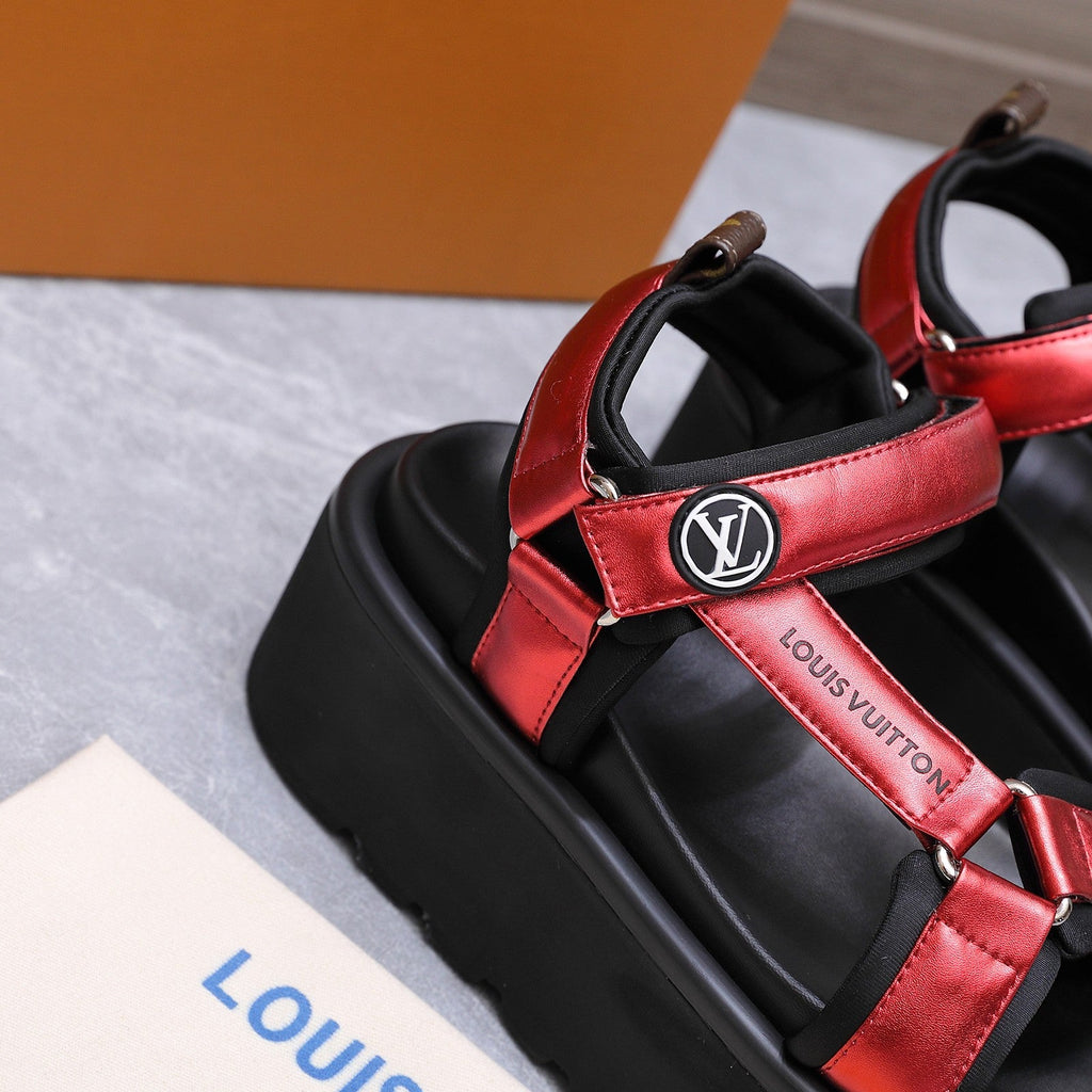LV 26S CHAMELEON PLATFORM SANDALS 60MM IN DARK RED CALFSKIN AND EVA