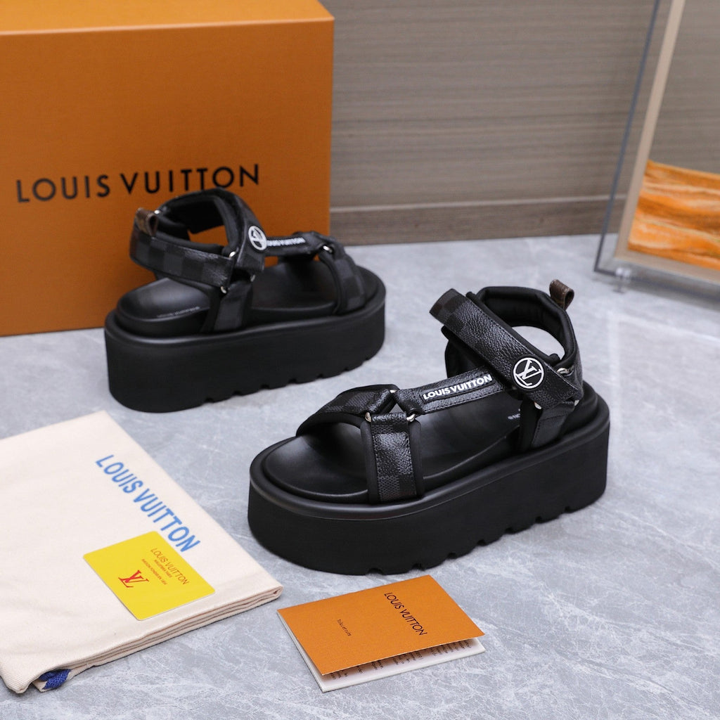 LV 26S CHAMELEON PLATFORM SANDALS 60MM IN BLACK DAMIER CHECKER CALFSKIN AND EVA