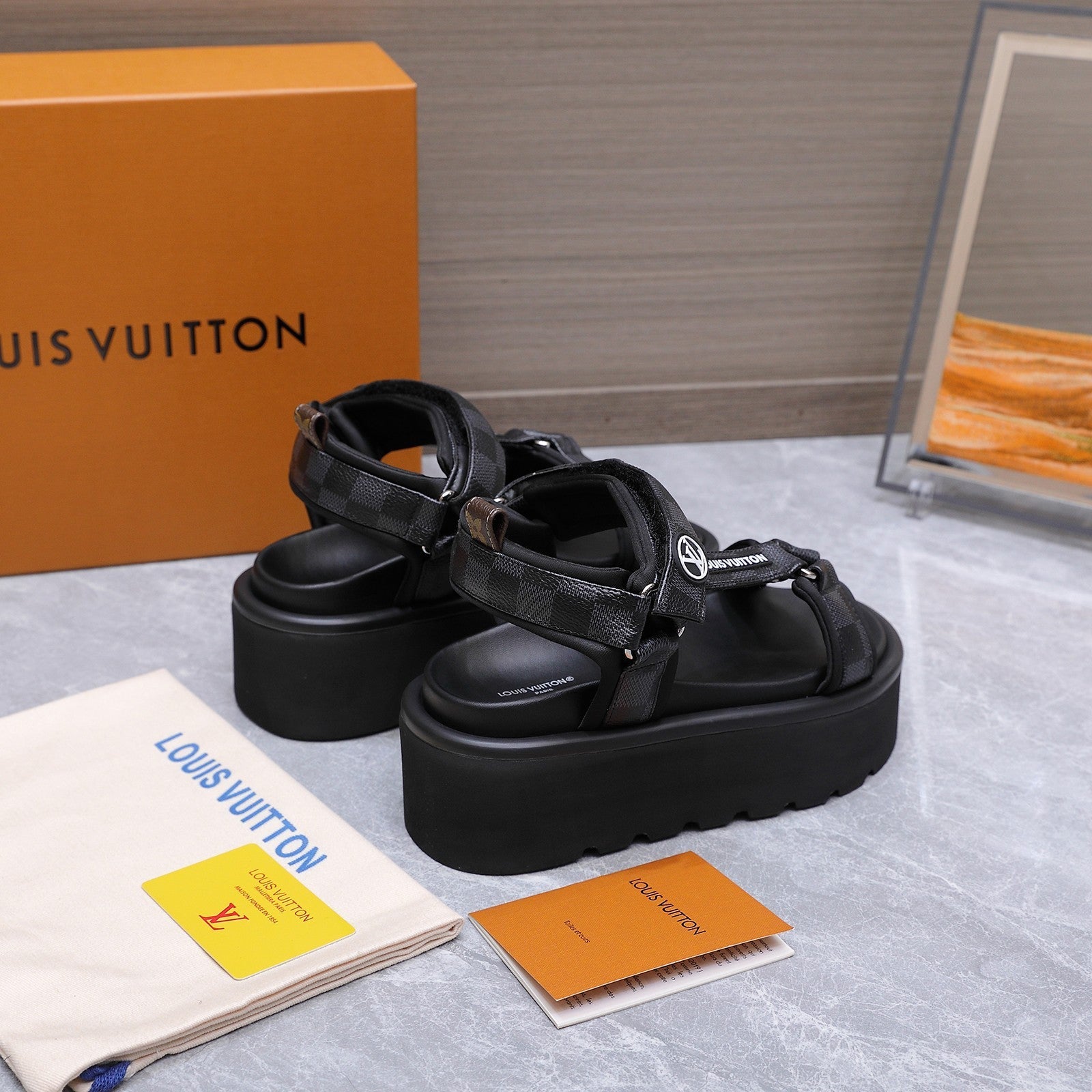 LV 26S CHAMELEON PLATFORM SANDALS 60MM IN BLACK DAMIER CHECKER CALFSKIN AND EVA