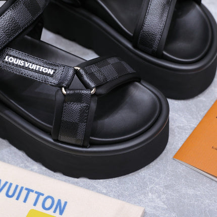 LV 26S CHAMELEON PLATFORM SANDALS 60MM IN BLACK DAMIER CHECKER CALFSKIN AND EVA