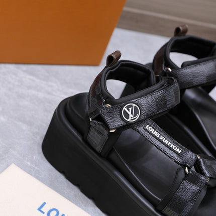 LV 26S CHAMELEON PLATFORM SANDALS 60MM IN BLACK DAMIER CHECKER CALFSKIN AND EVA