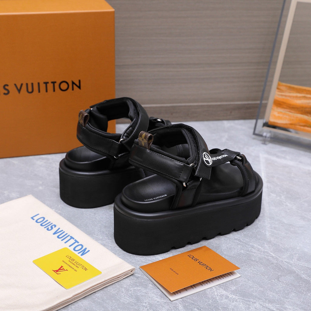 LV 26S CHAMELEON PLATFORM SANDALS 60MM IN BLACK CALFSKIN AND EVA