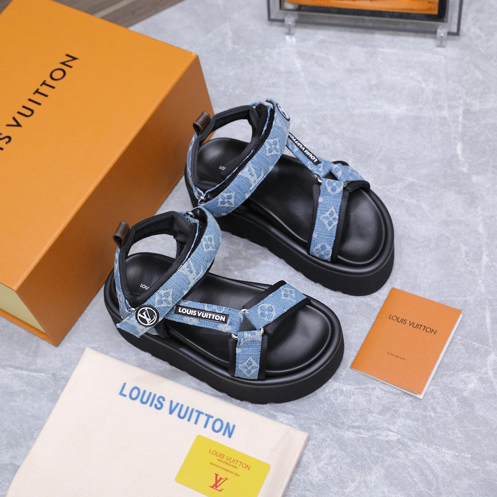 LV 26S CHAMELEON PLATFORM SANDALS 60MM IN BLUE MONOGRAM DENIM AND EVA