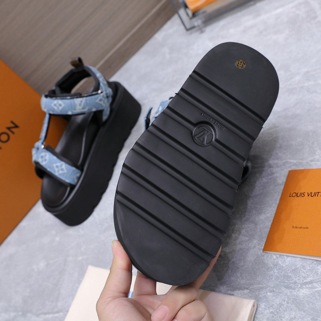 LV 26S CHAMELEON PLATFORM SANDALS 60MM IN BLUE MONOGRAM DENIM AND EVA