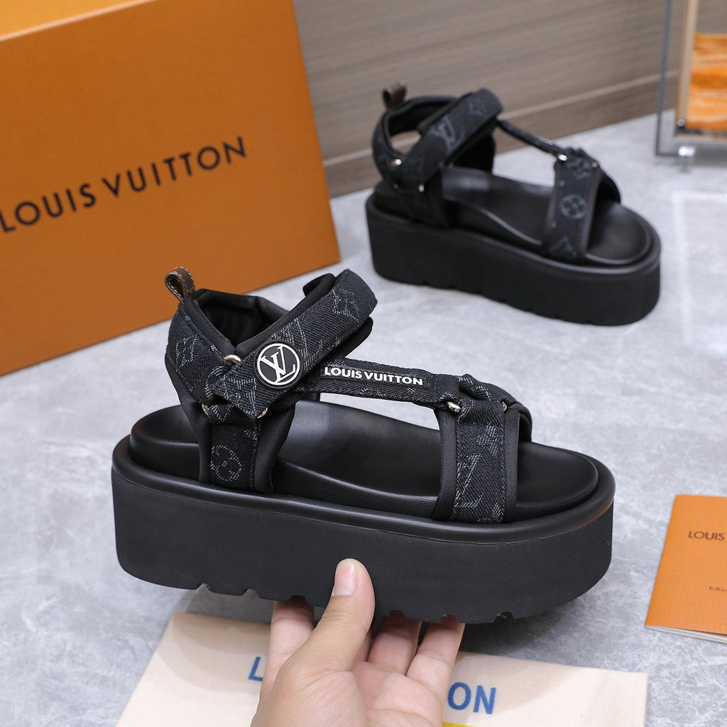 LV 26S CHAMELEON PLATFORM SANDALS 60MM IN BLACK MONOGRAM DENIM AND EVA