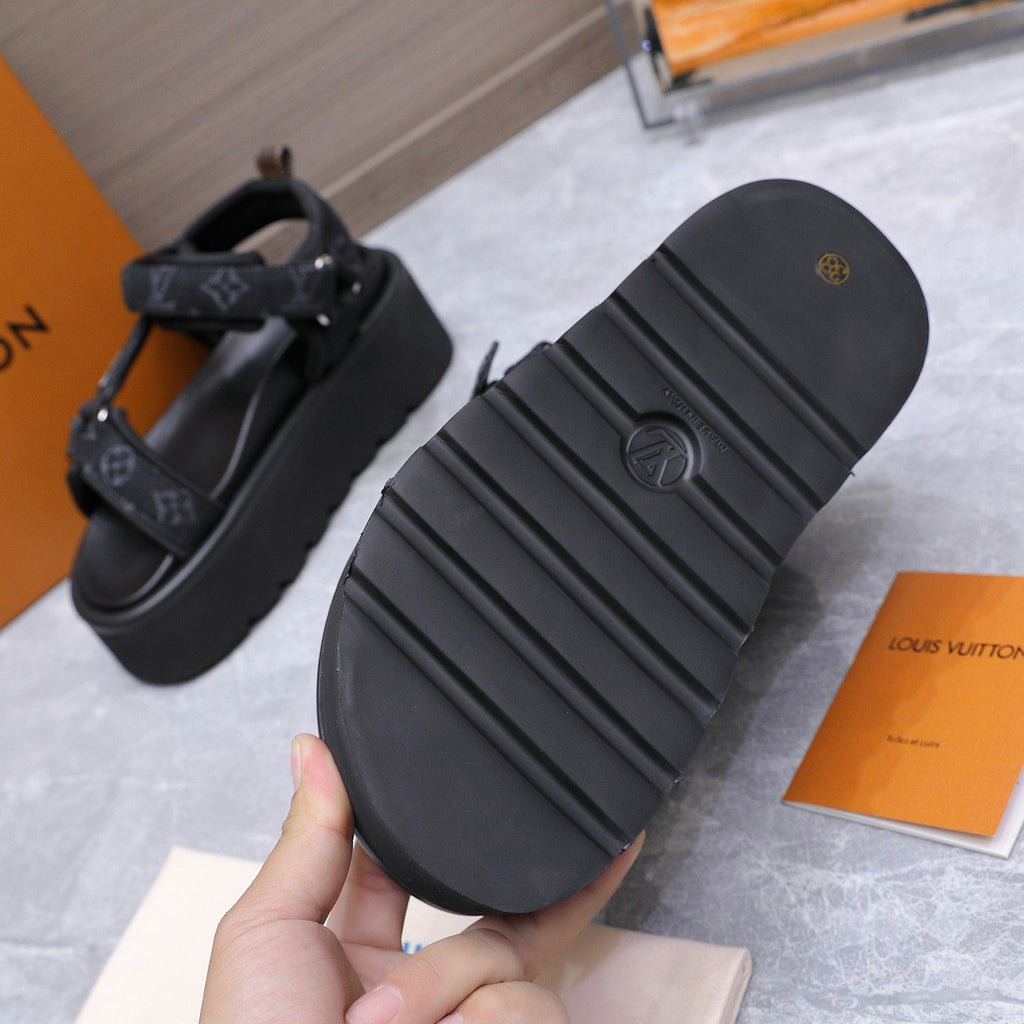 LV 26S CHAMELEON PLATFORM SANDALS 60MM IN BLACK MONOGRAM DENIM AND EVA